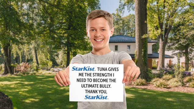 Illustration for article titled This List Of Kids Holding Up Signs Saying That StarKist Tuna Gives Them The Energy They Need To Bully Their Classmates Will Only Come Down If StarKist Pays Us $90 Million